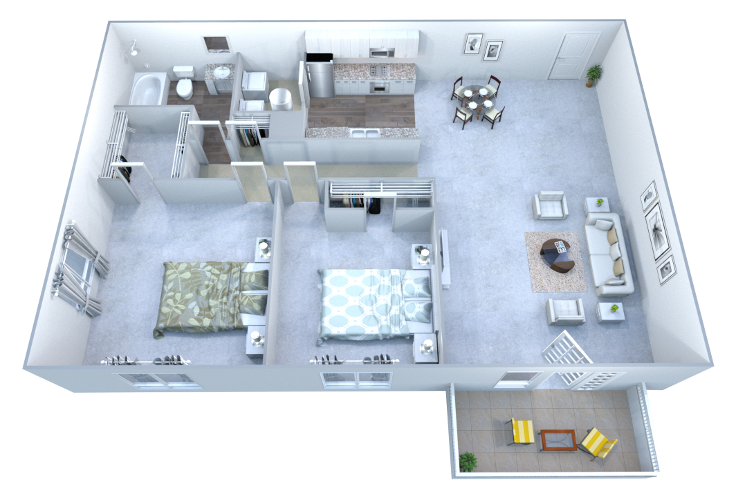 Floor plan for 2 beds, 1 bath, 1086 sqft